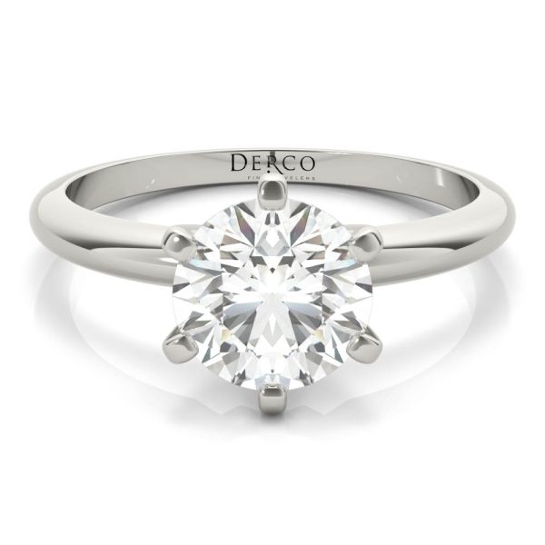 14k white gold solitaire 6 prong engagement ring with round shape diamond