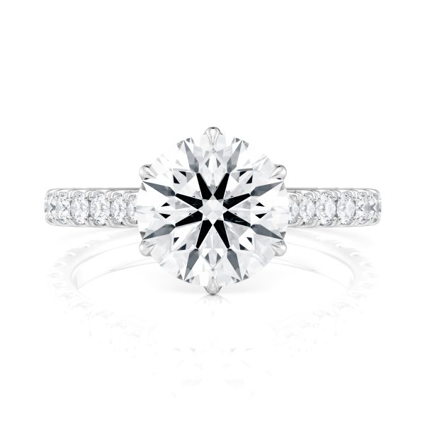 14k white gold 6 tulip cathedral pave engagement ring with surprise diamonds with round shape diamond