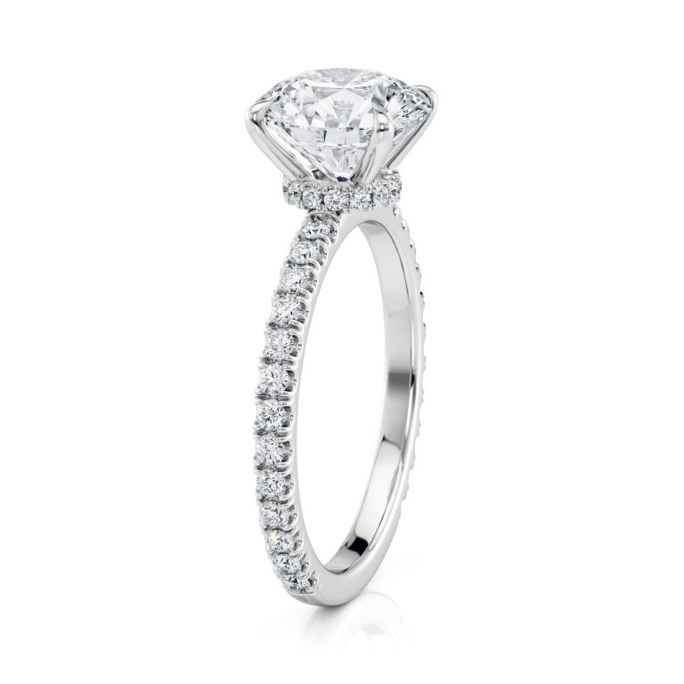 14k white gold choker hidden halo engagement ring with 14k white gold metal and round shape diamond